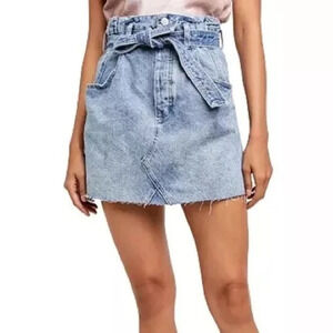 FREE PEOPLE Skirt Denim Mini Belt Frayed Raw Hem Button Fly Blue pockets Size 25